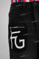 Black patchwork wide leg flare distress bottom jeans
