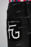 Black patchwork wide leg flare distress bottom jeans