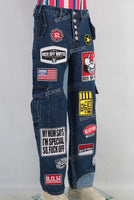 Blue patchwork cargo straight jeans