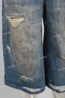 Blue patchwork rhinestone distressed shorts