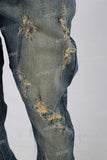 Blue acid washed damaged patchwork rhinestone jeans