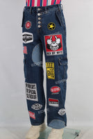 Blue patchwork cargo straight jeans