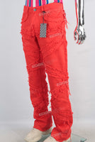 Red damaged patchwork straight jeans