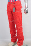 Red damaged patchwork straight jeans
