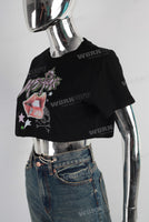 Black digital print rhinestone t shirt women