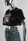Black digital print rhinestone t shirt women