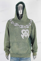 Green digital print acid washed hoodie