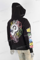 Black digital print zip up hooded jacket