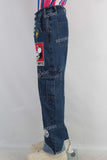 Blue patchwork cargo straight jeans