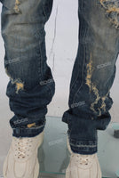 Blue acid washed damaged patchwork rhinestone jeans