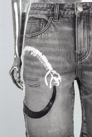 Grey digital print patchwork damaged boot cut jeans