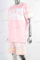 Pink digital print patchwork t shirt and screen print shorts