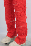 Red damaged patchwork straight jeans