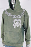 Green digital print acid washed hoodie