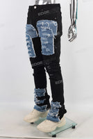Black patchwork damaged stack jeans