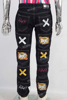 Black slim fit patchwork denim jeans