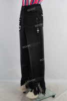 Black patchwork wide leg flare distress bottom jeans