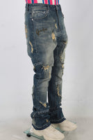 Blue acid washed damaged patchwork rhinestone jeans