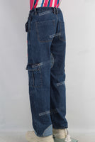 Blue patchwork cargo straight jeans