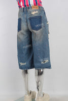 Blue patchwork rhinestone distressed shorts