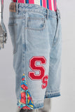 Blue embroidered boot cut shorts