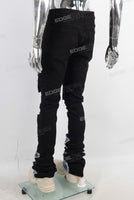 Black patchwork damaged stack jeans