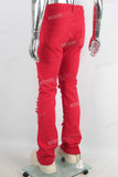 Red embroidered straight boot cut jeans