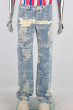 Blue straight damaged screen print jeans