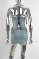 Blue denim shirt and boot cut skirt set
