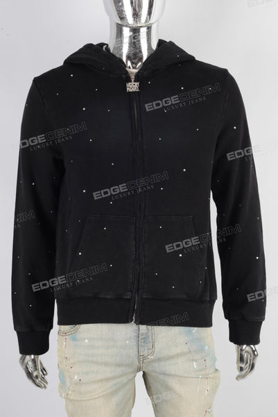 Black rhinestone zip up hooded jacket