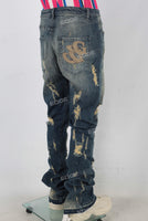 Blue acid washed damaged patchwork rhinestone jeans