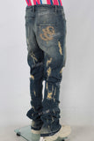 Blue acid washed damaged patchwork rhinestone jeans