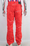Red damaged patchwork straight jeans