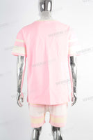 Pink digital print patchwork t shirt and screen print shorts