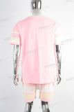 Pink digital print patchwork t shirt and screen print shorts