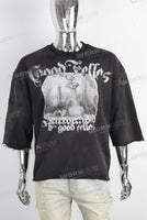 Black oversize digital print raw hem t shirt