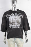 Black oversize digital print raw hem t shirt