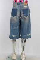 Blue patchwork rhinestone distressed shorts