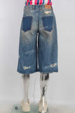 Blue patchwork rhinestone distressed shorts