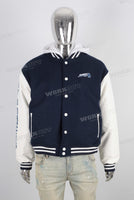 Blue embroidered leather hooded jacket