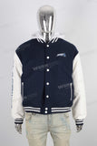 Blue embroidered leather hooded jacket