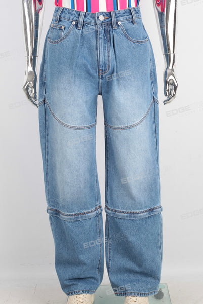 Blue baggy zip up patchwork jeans