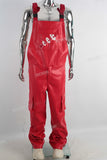 Red leather embroidered strap cargo pants