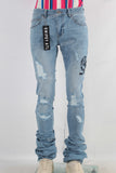 Blue damaged embroidered stack jeans
