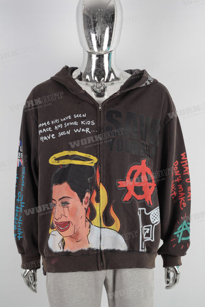 Coffee digital print zip up hooded jacket