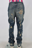Blue acid washed damaged patchwork rhinestone jeans
