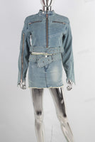 Blue denim zip up jacket and boot cut skirt set
