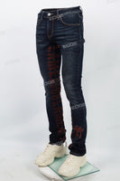 Dark Blue Brown Gothic Embroidered Skinny Jeans