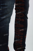 Dark Blue Brown Gothic Embroidered Skinny Jeans