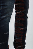 Dark Blue Brown Gothic Embroidered Skinny Jeans